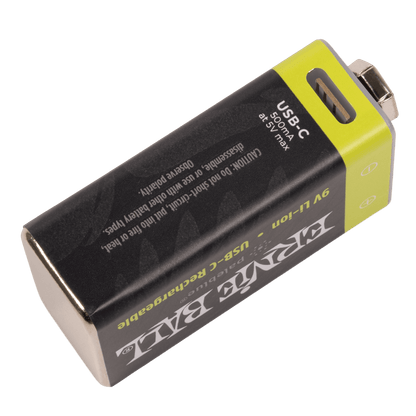 Ernie Ball USB-C rechargeable 9V battery, black body with lime-green end
