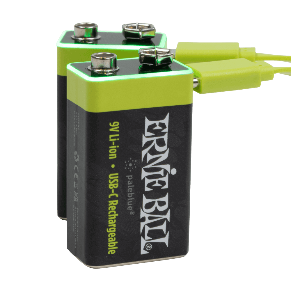 Ernie Ball USB-C rechargeable 9V battery by Paleblue, 2-pack; neon-green tops, black casing with logo.