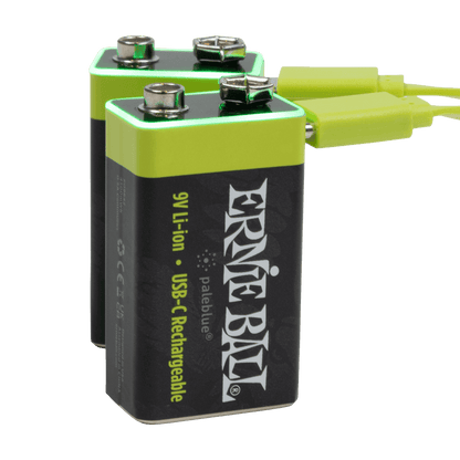 Ernie Ball USB-C rechargeable 9V battery by Paleblue, 2-pack; neon-green tops, black casing with logo.