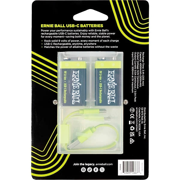 Ernie Ball USB-C rechargeable 9V batteries, 2-pack with USB-C charging cable