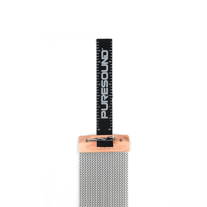 Evans Custom Pro Snare Wire 20-Strand with copper end plate and metal strands, shown with a PureSound ruler