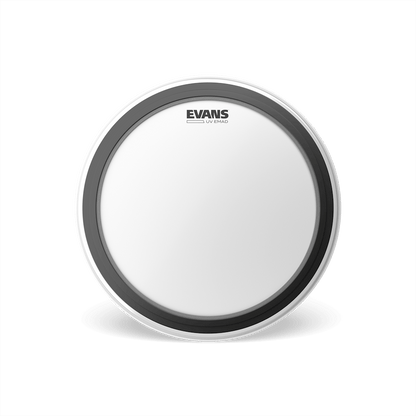 Clear drum head with black rim and Evans logo on a white background