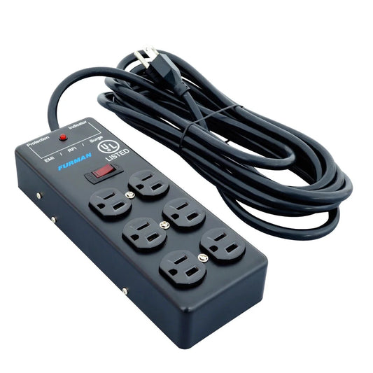 Black power strip with multiple outlets and a coiled black cable on a white background
