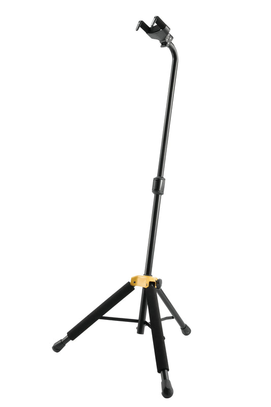 Hercules Stands GS414BPLUS Universal Auto Grip guitar stand, black tripod with yellow hinge
