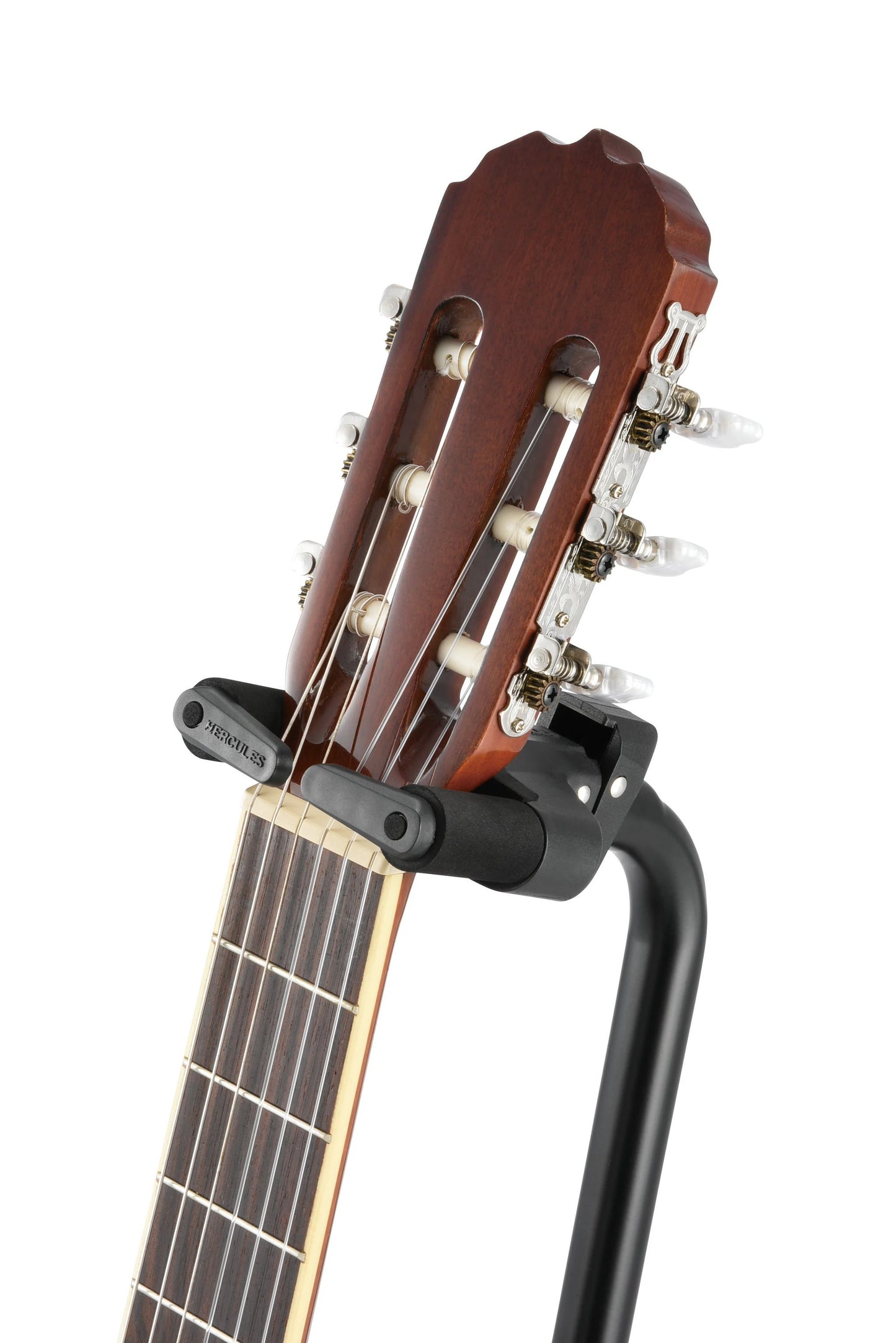 Guitar Stand Hercules AGS GS414BPLUS; black frame supports a wooden guitar headstock.