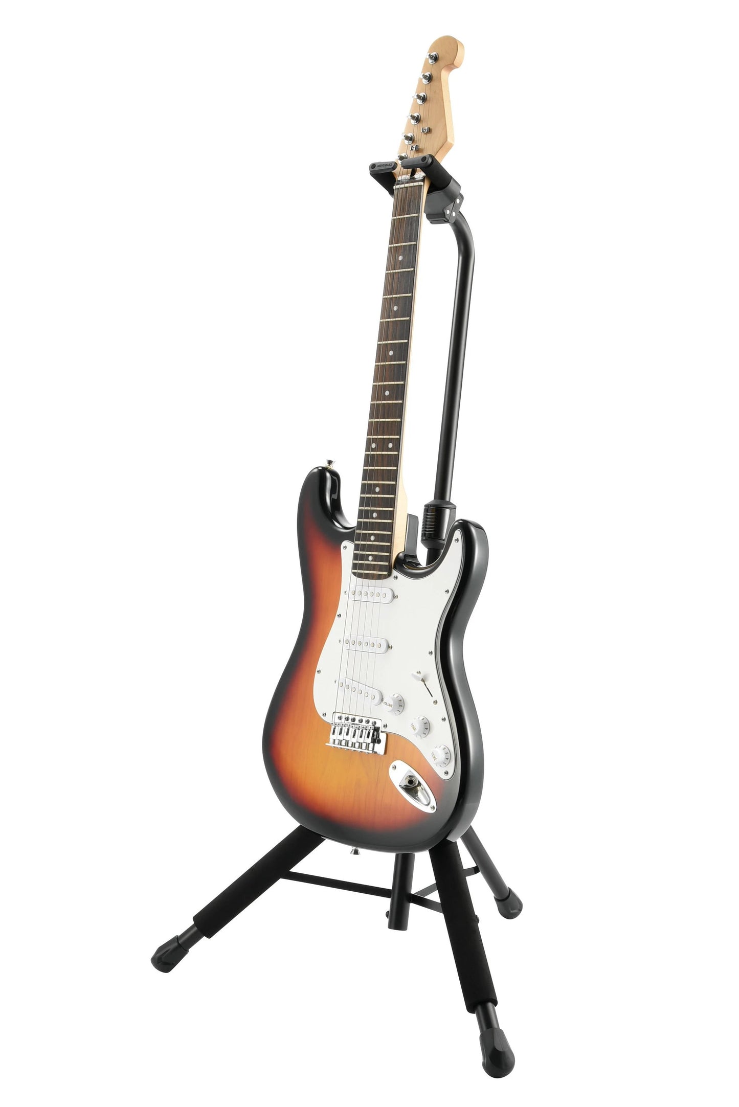Guitar stand Hercules GS414BPLUS Universal Auto Grip System, black tripod stand holding a sunburst electric guitar.