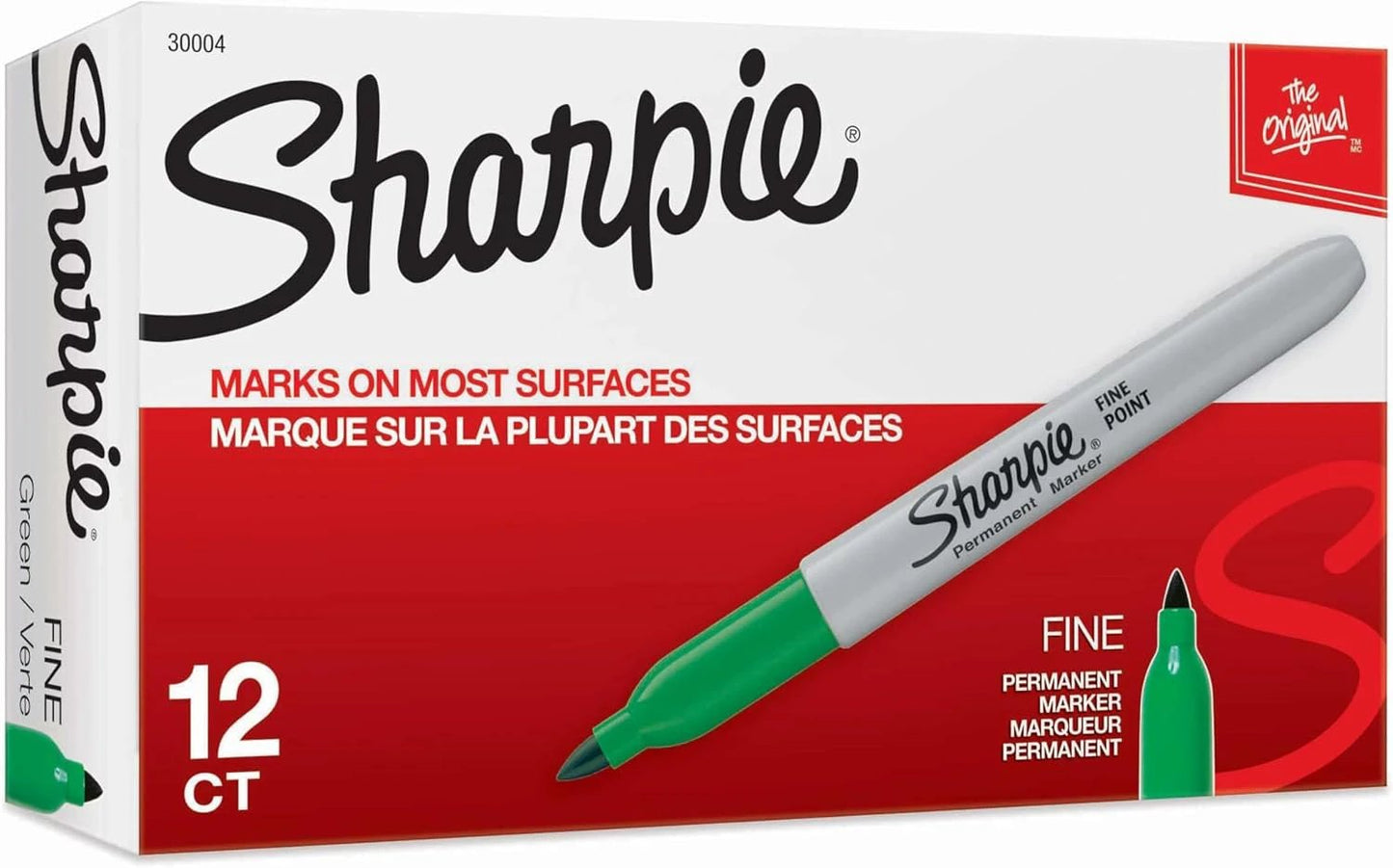 Sharpie Fine Point permanent marker, green cap, 12-count box