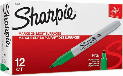 Sharpie Fine Point permanent marker, green cap, 12-count box