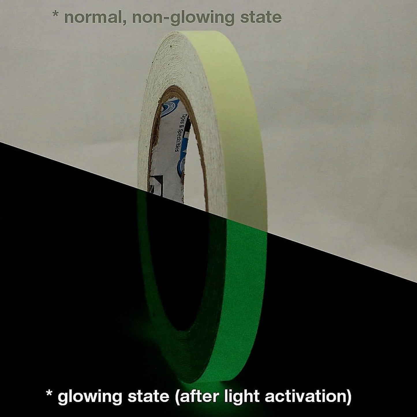 1/2 inch Roll of tape showing normal and glowing states on a black and white background