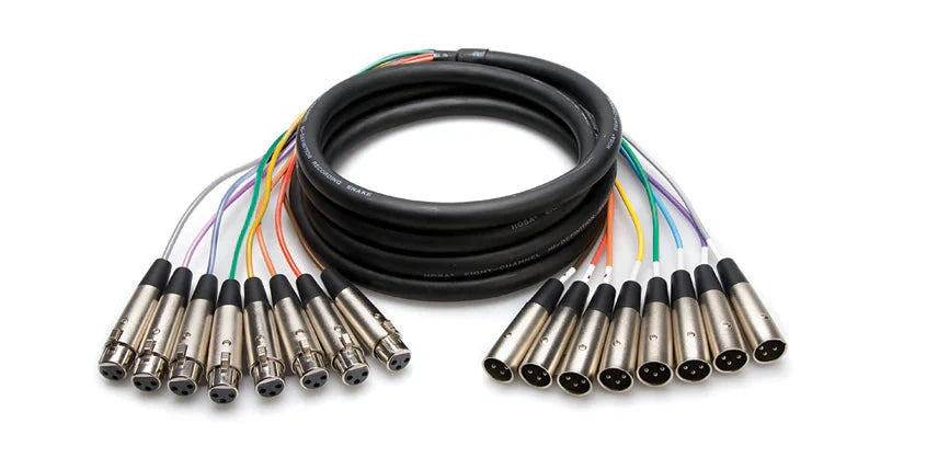 Set of XLR cables with colored connectors on a white background