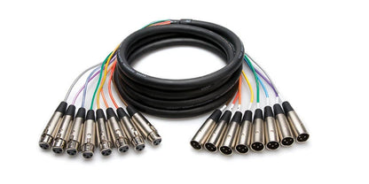 Set of XLR cables with colored connectors on a white background
