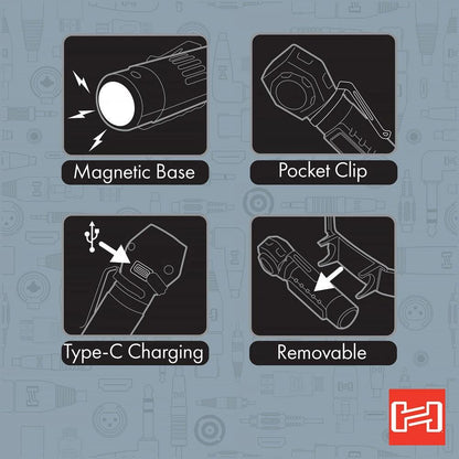 Hosa FLT-113 headlamp/flashlight with magnetic base, pocket clip, Type-C charging, removable design, and Hosa logo.