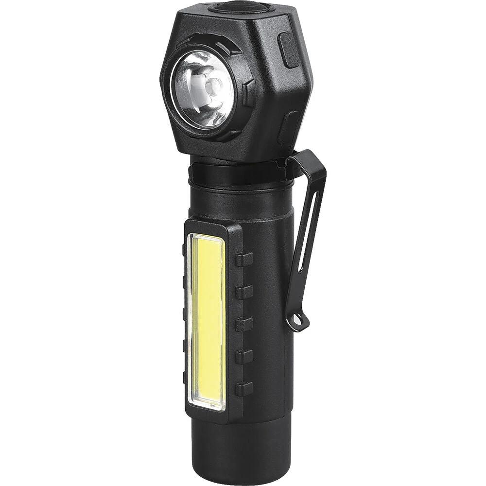 Black flashlight with a COB light on a white background