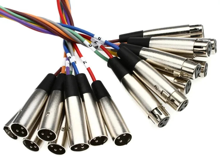 Set of XLR audio connectors with multicolored wires on a white background