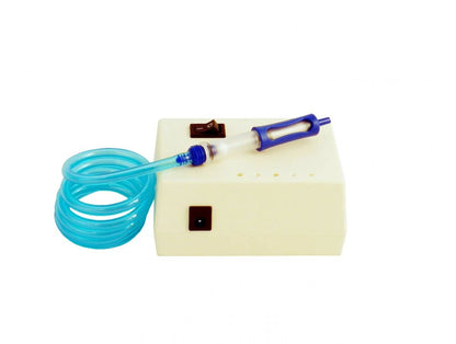 White rectangular container Hearing aid vaccum with blue hose and nozzle on a white background