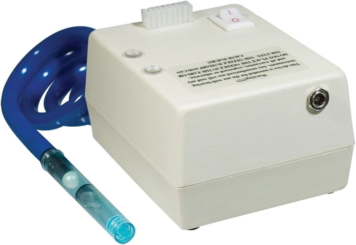 White electronic device with blue hose on a white background