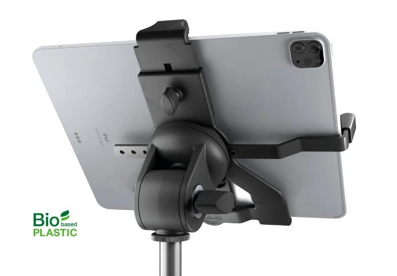 K&M 19744 Tablet Stand Holder, threaded mount on a black adjustable tablet arm