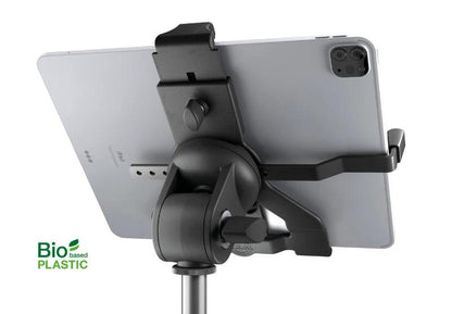 K&M 19744 Tablet Stand Holder, threaded mount on a black adjustable tablet arm