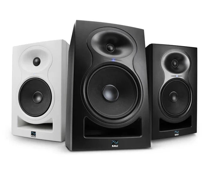 Kali Audio LP-6 V2 6.5-inch powered studio monitors; white and black speaker trio.
