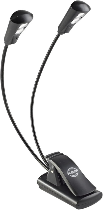 Black double-armed lamp with flexible neck on a white background