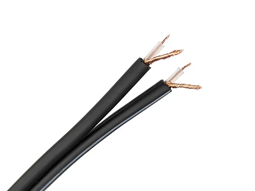 Two black cables with copper wires on a white background