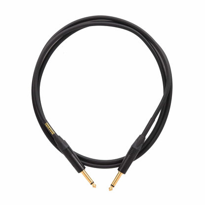 Black guitar cable with gold connectors on a white background