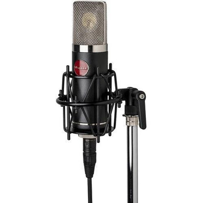 Condenser microphone on a stand with a white background