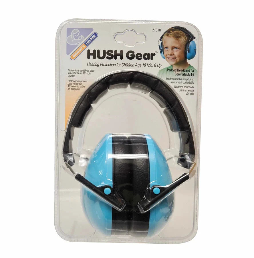 Blue and black HUSH Gear hearing protection headphones in packaging with a child wearing them.