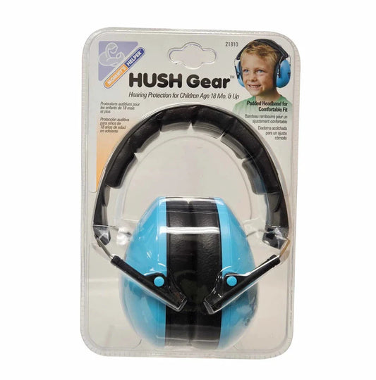 Blue and black HUSH Gear hearing protection headphones in packaging with a child wearing them.