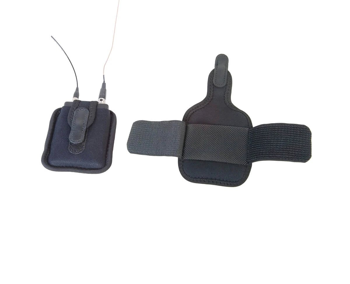 Black electronic wireless device pouch with strap on a white background