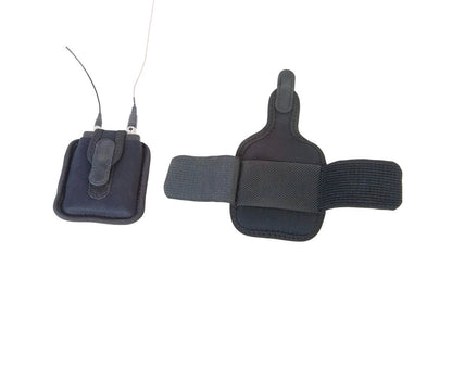 Black electronic wireless device pouch with strap on a white background