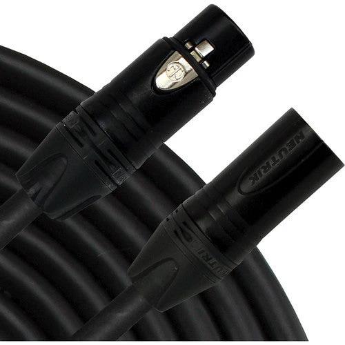 Close-up of black audio cables with XLR connectors on a white background