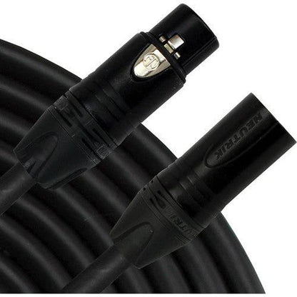 Close-up of black audio cables with XLR connectors on a white background