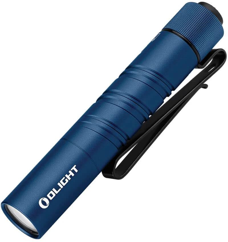 Blue flashlight with Olight logo on a white background
