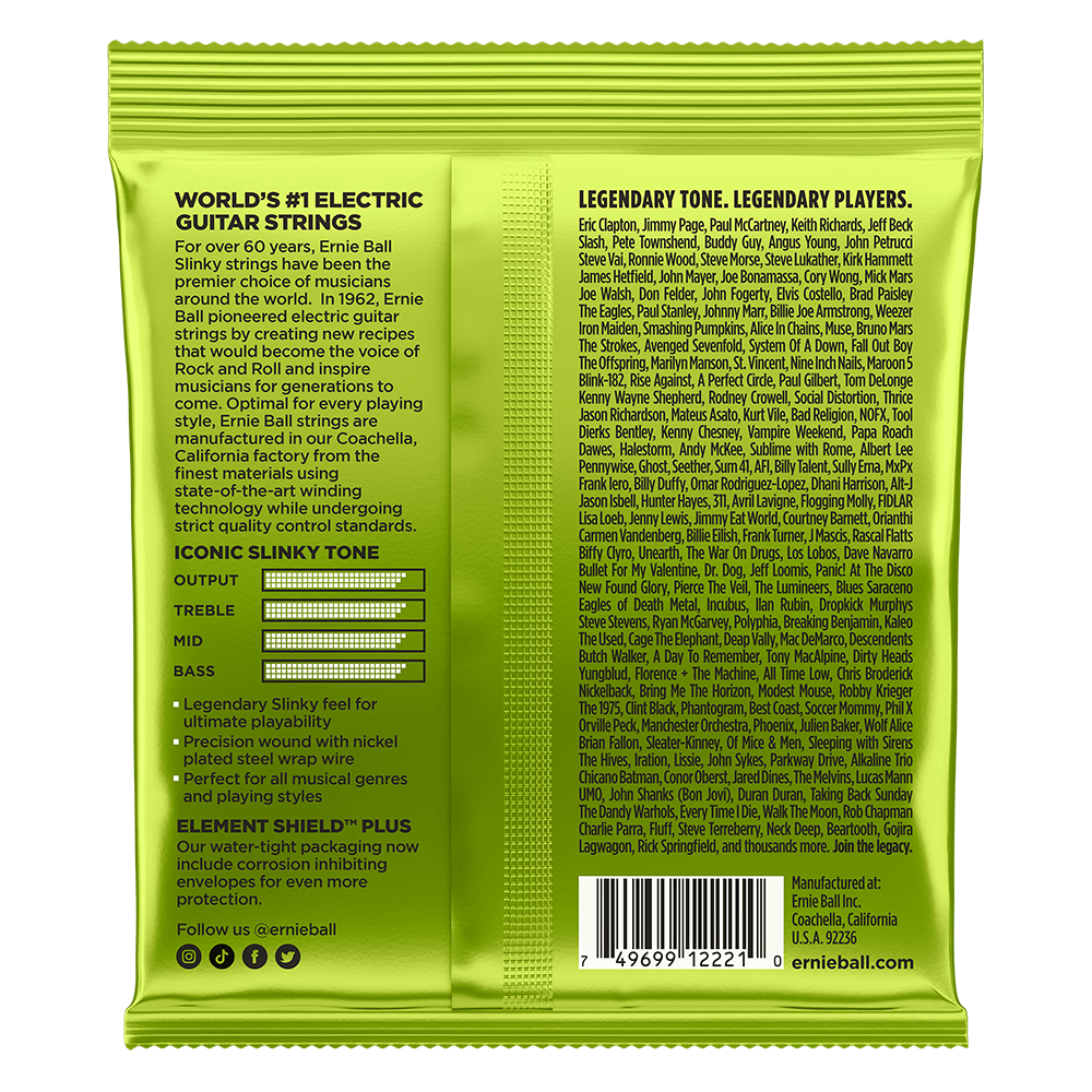 Ernie Ball electric guitar strings packaging with text and branding.