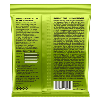 Ernie Ball electric guitar strings packaging with text and branding.