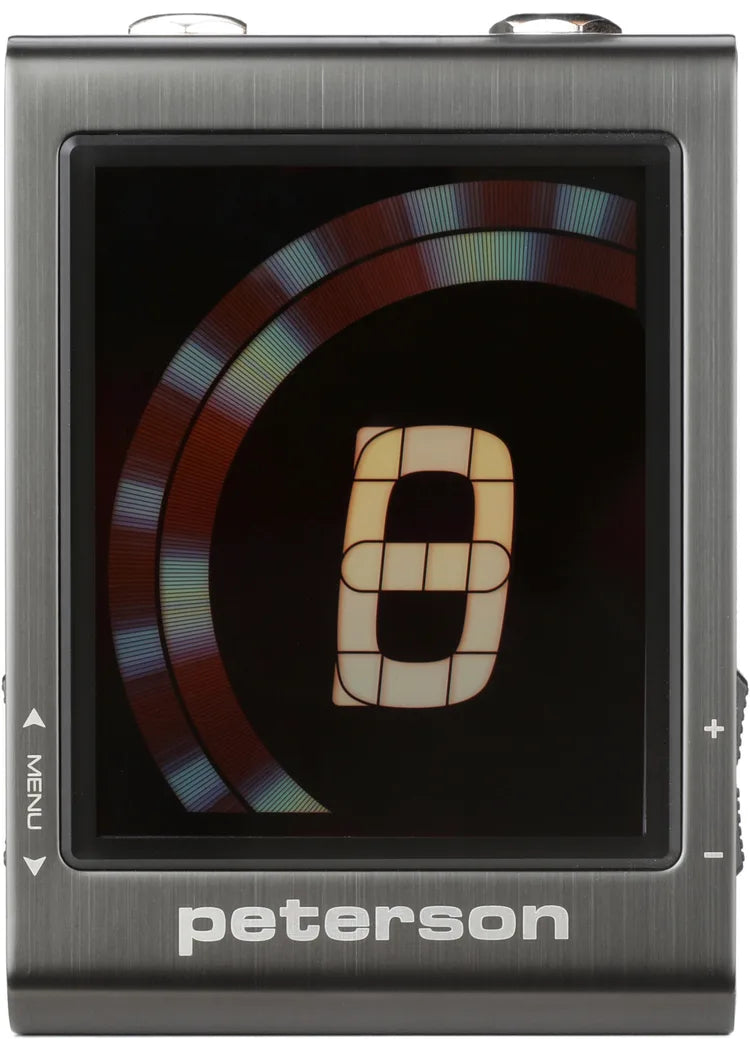 A Peterson electronic device with a brushed metal gray body, featuring a digital display screen showing a stylized number 8 on a dark background, with control buttons labeled MENU, +, and - on the sides.