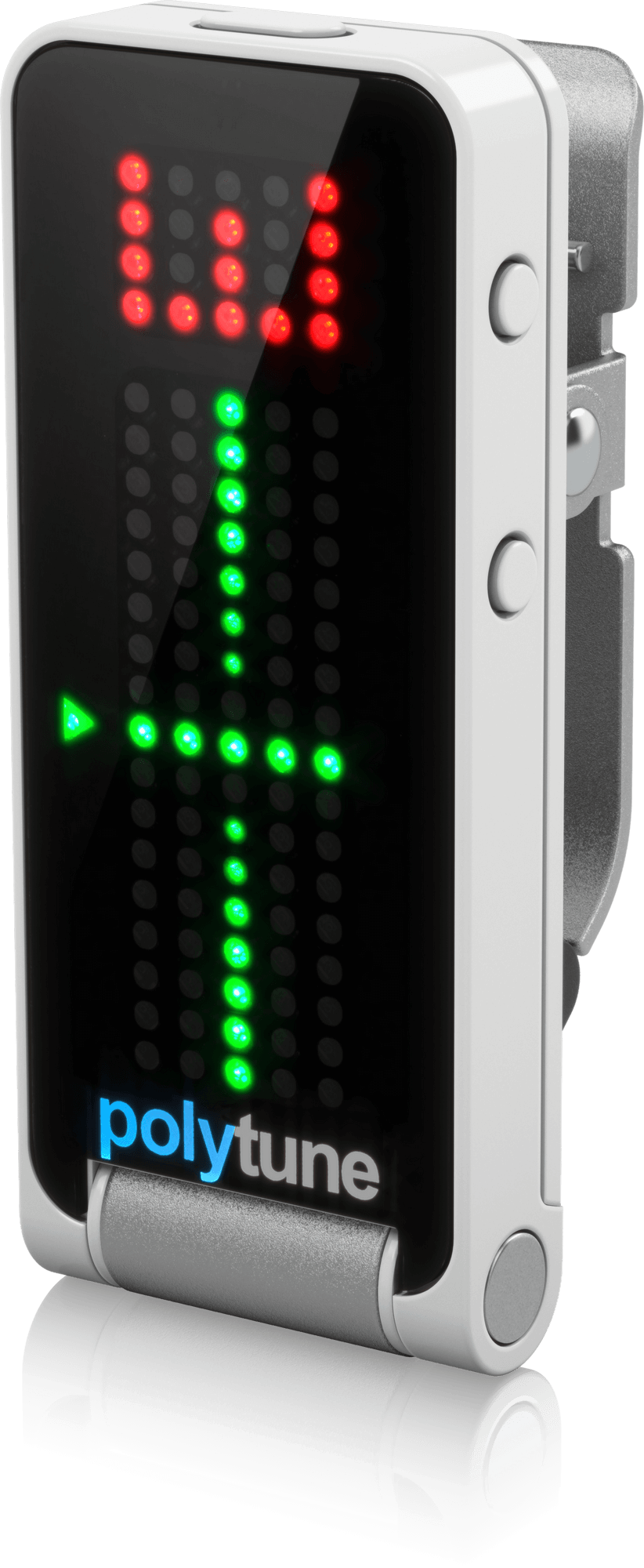 PolyTune guitar tuner with digital display on a black background