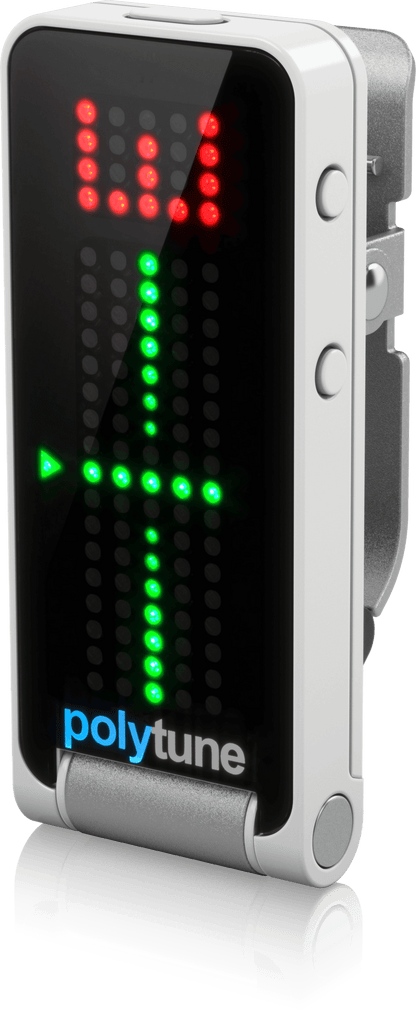PolyTune guitar tuner with digital display on a black background
