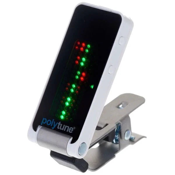Polytune guitar tuner with LED display on a white background