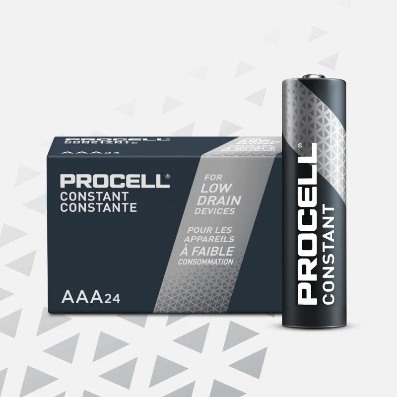 Duracell Procell Constant AAA batteries, 24-pack box shown with a single AAA battery beside it
