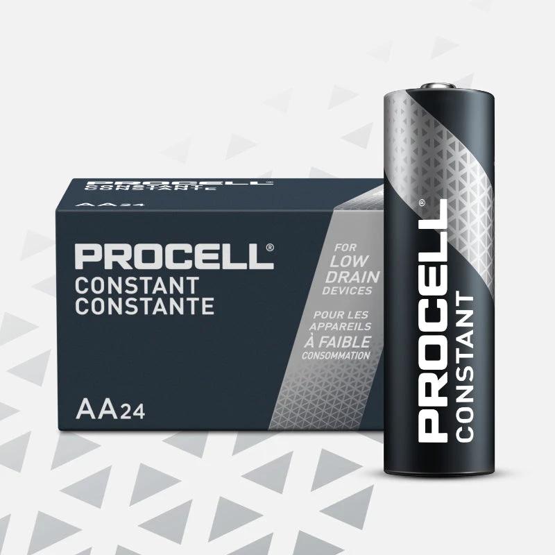 Duracell Procell AA batteries box and a single AA battery, dark blue packaging with silver accents