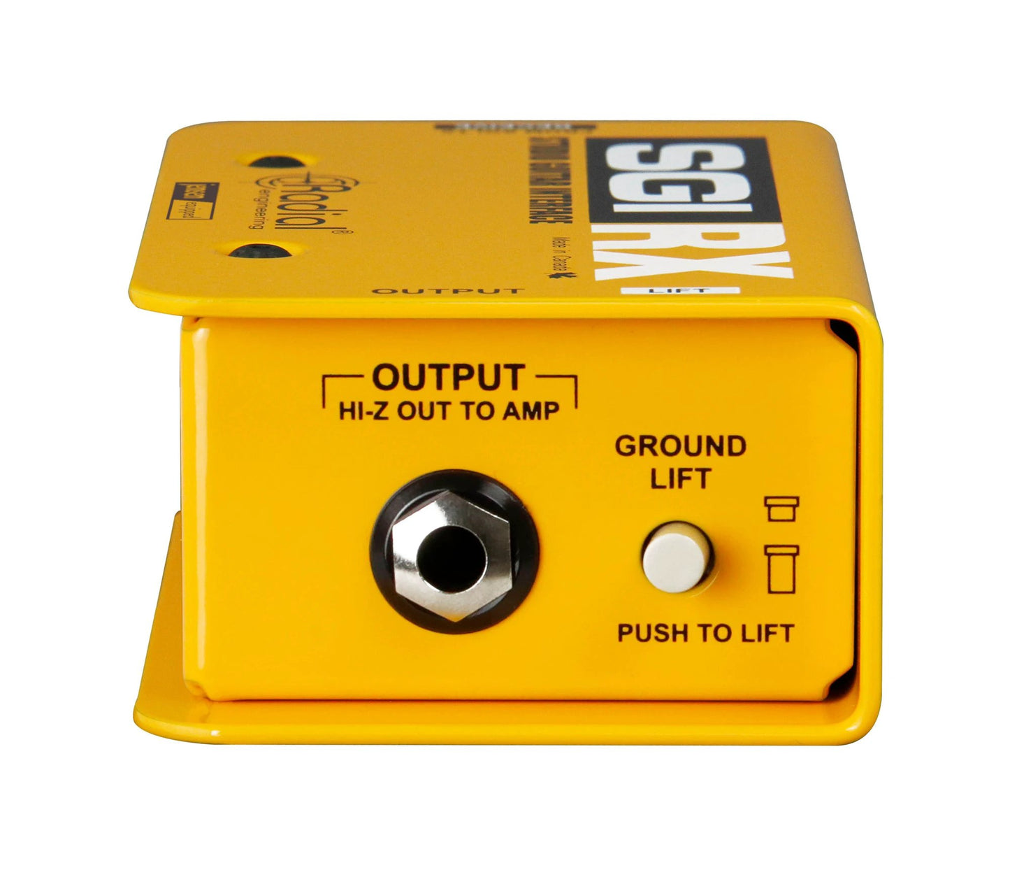 Yellow guitar effects pedal with labeled inputs and outputs on a white background