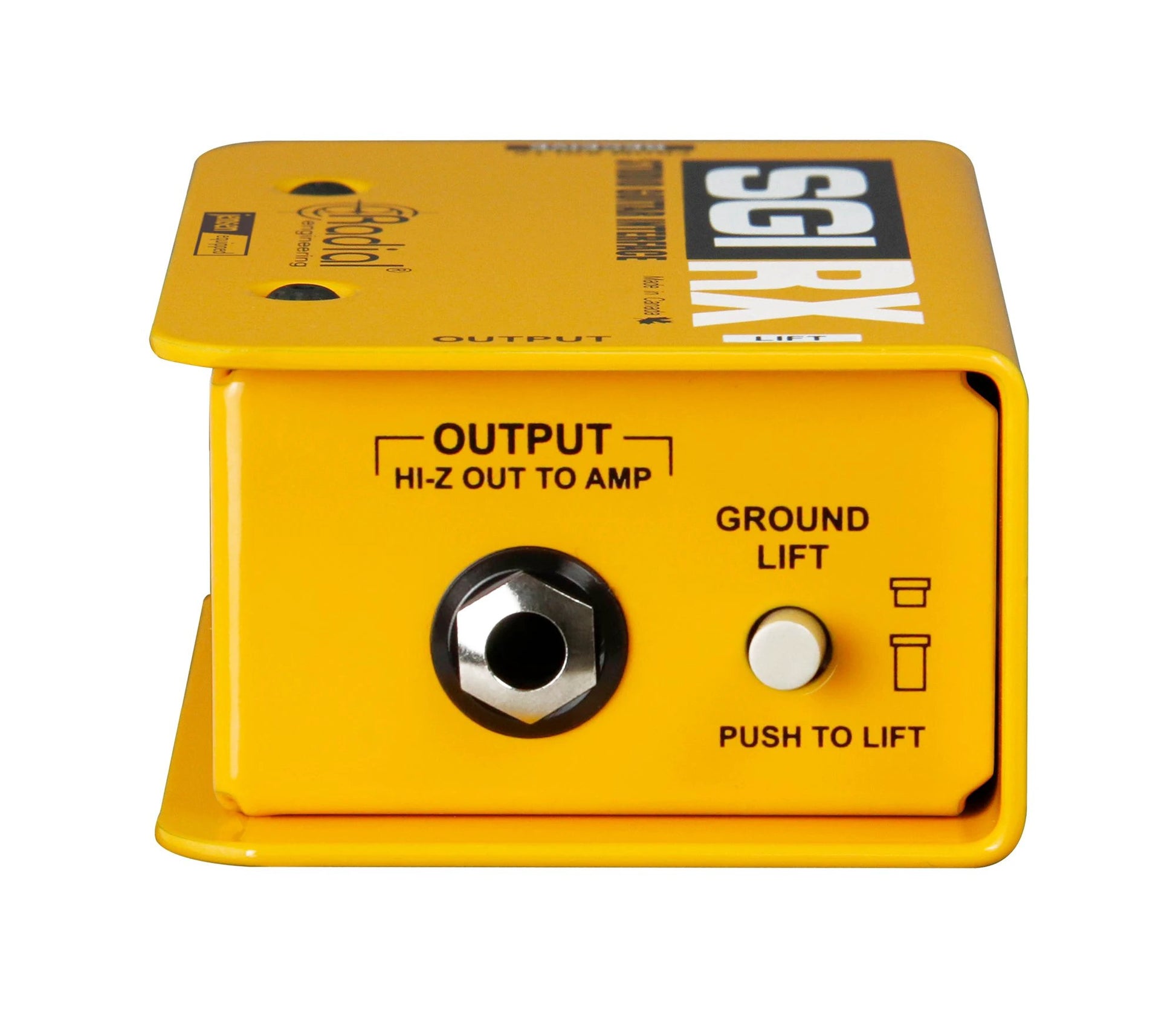 Yellow guitar effects pedal with labeled inputs and outputs on a white background