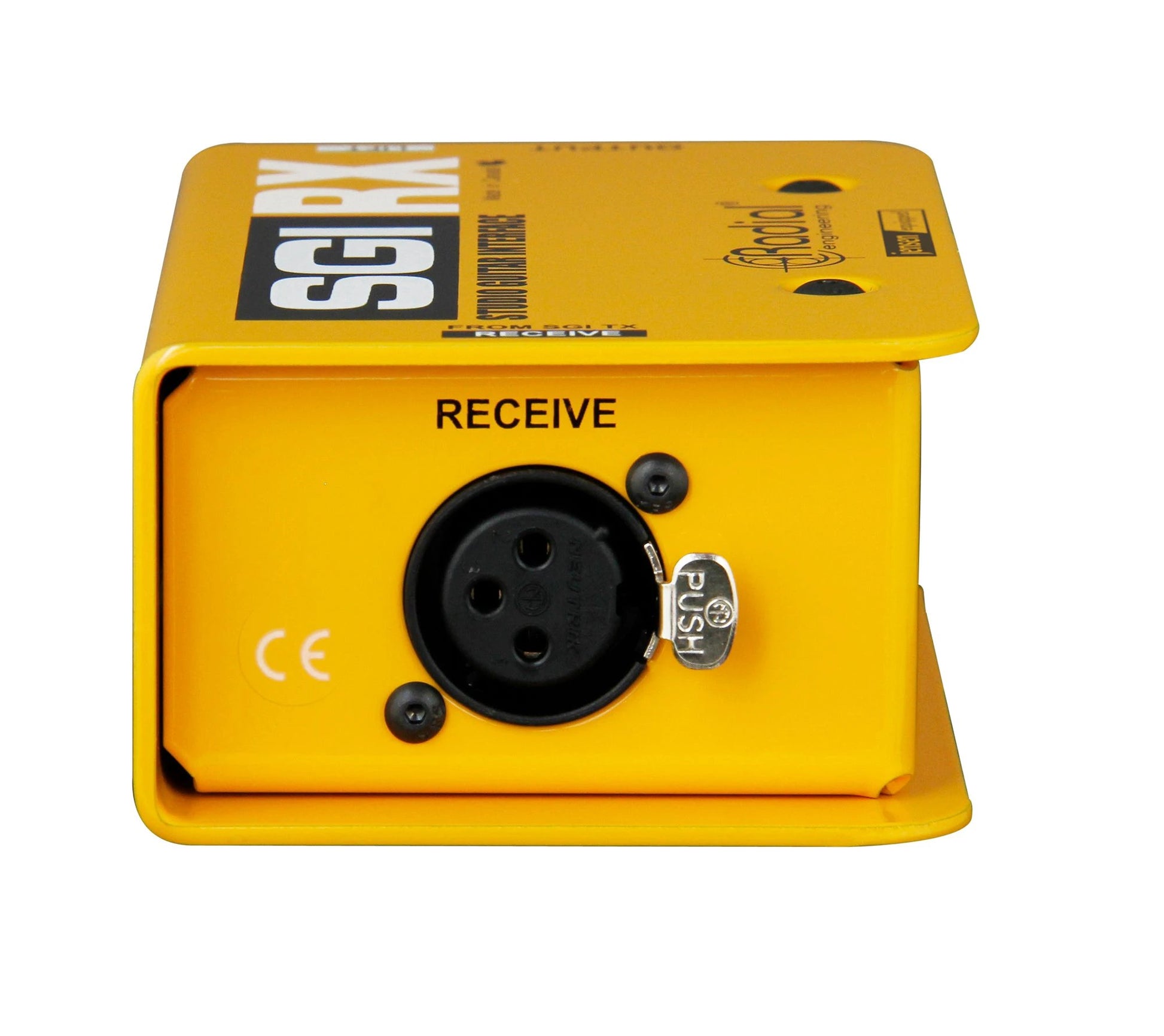 Yellow electronic device with a black plug labeled 'RECEIVE' on a white background