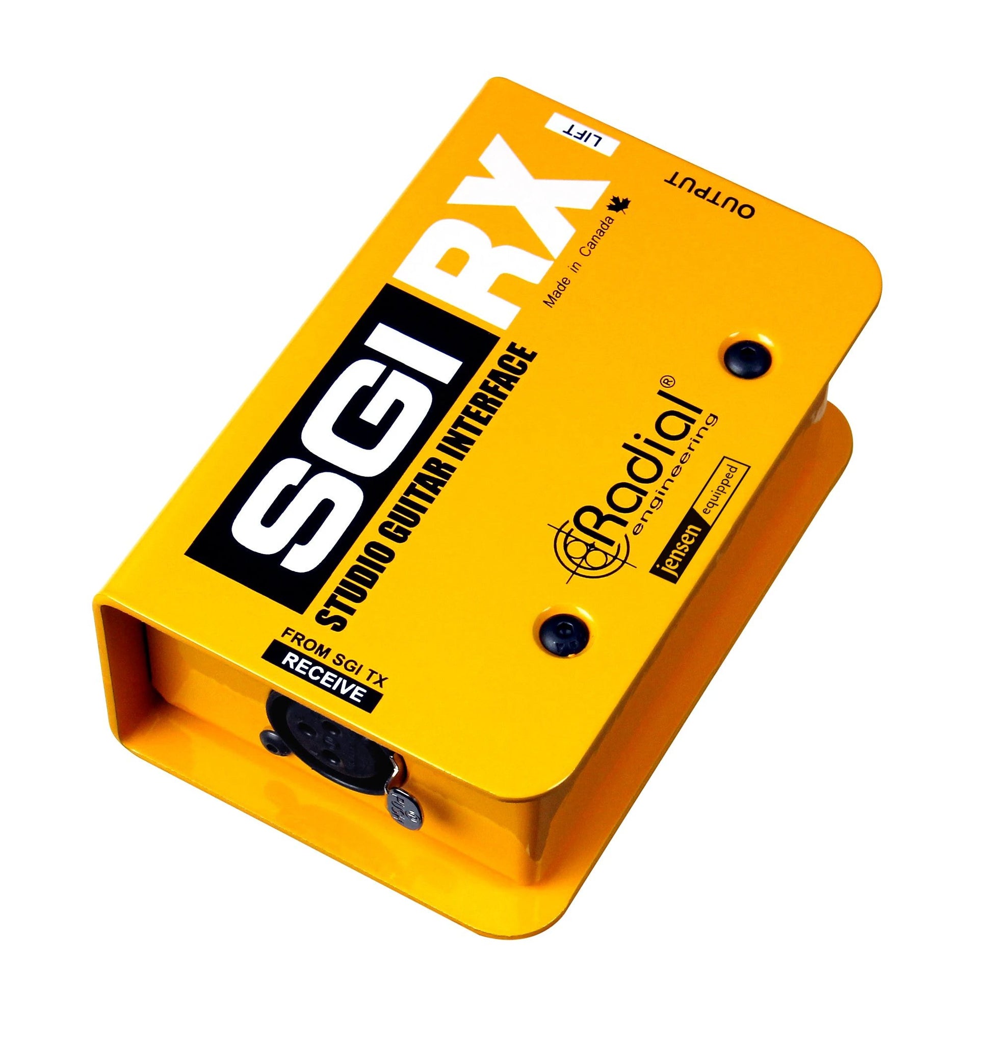 Yellow guitar interface with 'SGI RX' branding on a white background