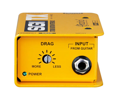 Yellow guitar effects pedal with control knobs and labels on a white background