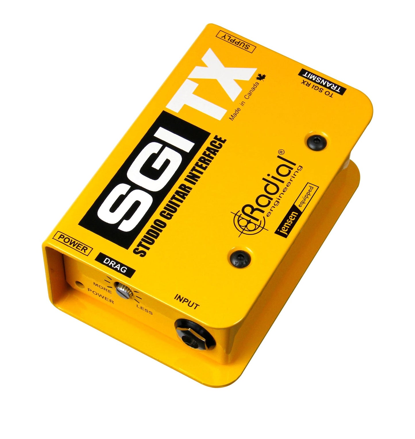 Yellow guitar interface with Radial logo on a white background