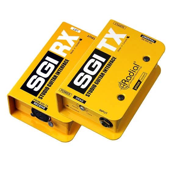 Two yellow guitar interface devices labeled 'SGI RX' and 'SGI TX' on a white background.