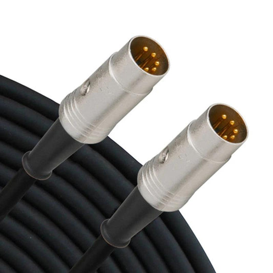 Two 5-pin Midi connectors on a black cable against a white background
